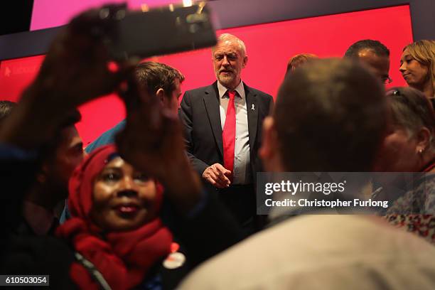 Labour party leader Jeremy Corbyn talks to delegates during the Labour Party Conference on September 26, 2016 in Liverpool, England. Shadow...