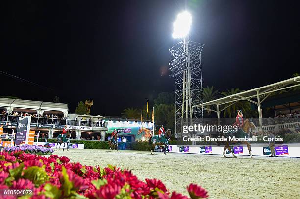 Members of the Germany team attend the prize winning ceremony during the Furusiyya FEI Nations Cup Jumping Final on September 24, 2016 in Barcelona,...