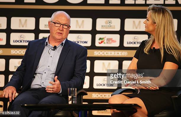Les Reed, Southampton Executive Director talks with Hayley McQueen, Sky Sports presenter during day 1 of the Soccerex Global Convention 2016 at...