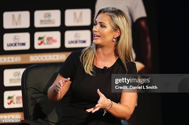 Hayley McQueen, Sky Sports presenter talks during day 1 of the Soccerex Global Convention 2016 at Manchester Central Convention Complex on September...