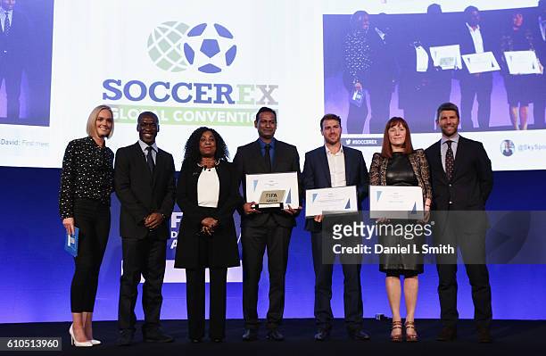 The first-ever FIFA Diversity Award is presented to Abhijeet Barse from Slum Soccer with Amanda Davies, Clarence Seedorf, Fatma Samba Diouf Samoura,...