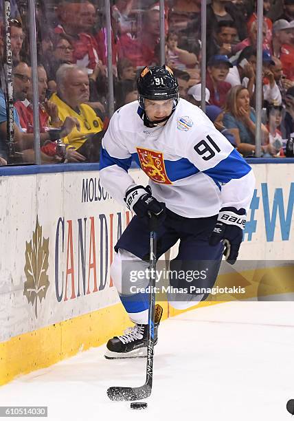 Aleksander Barkov of Team Finland stickhandles the puck against Team Sweden during the World Cup of Hockey 2016 at Air Canada Centre on September 20,...