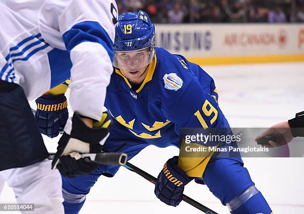 Nicklas Backstrom of Team Sweden prepares for a face-off against Team Finland during the World Cup of Hockey 2016 at Air Canada Centre on September...