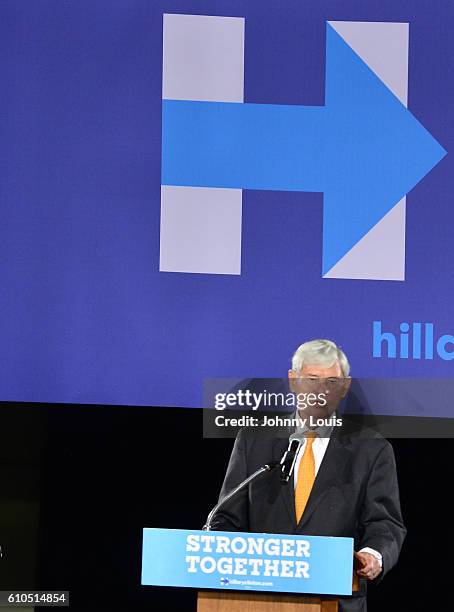 Former Florida Governor and Senator Bob Graham speak during a campaign event with U.S. Democratic Vice Presidential nominee Tim Kaine at Miami Dade...