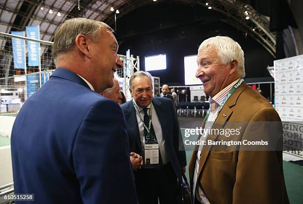 Former Manchester City footballer Mike Summerbee talks to Paul Duffen , former Chairman of Hull City and Gerard Houllier, Red Bull Head of Global...