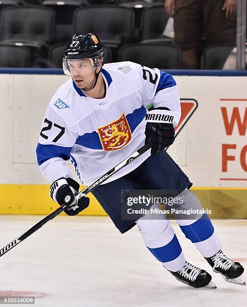 Joonas Donskoi of Team Finland warms up prior to a game against Team Sweden during the World Cup of Hockey 2016 at Air Canada Centre on September 20,...
