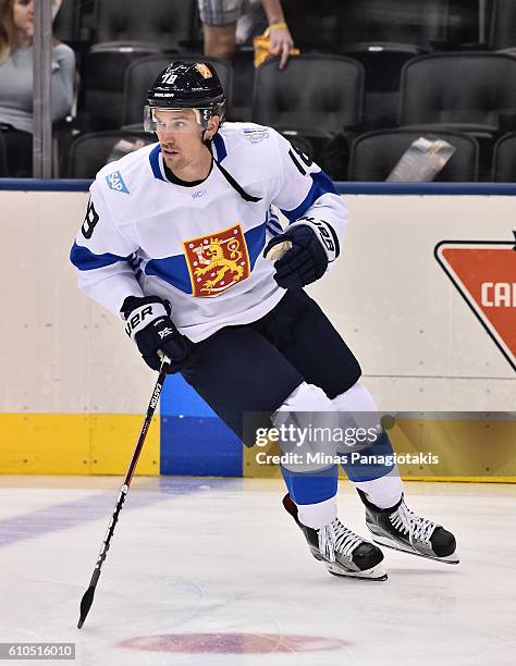 Sami Lepisto of Team Finland warms up prior to a game against Team Sweden during the World Cup of Hockey 2016 at Air Canada Centre on September 20,...