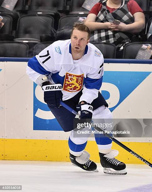Leo Komarov of Team Finland warms up prior to a game against Team Sweden during the World Cup of Hockey 2016 at Air Canada Centre on September 20,...