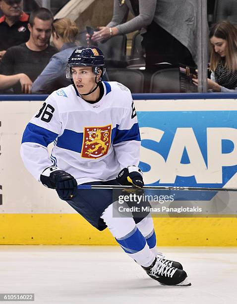 Teuvo Teravainen of Team Finland warms up prior to a game against Team Sweden during the World Cup of Hockey 2016 at Air Canada Centre on September...
