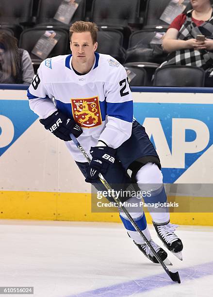 Lauri Korpikoski of Team Finland warms up prior to a game against Team Sweden during the World Cup of Hockey 2016 at Air Canada Centre on September...