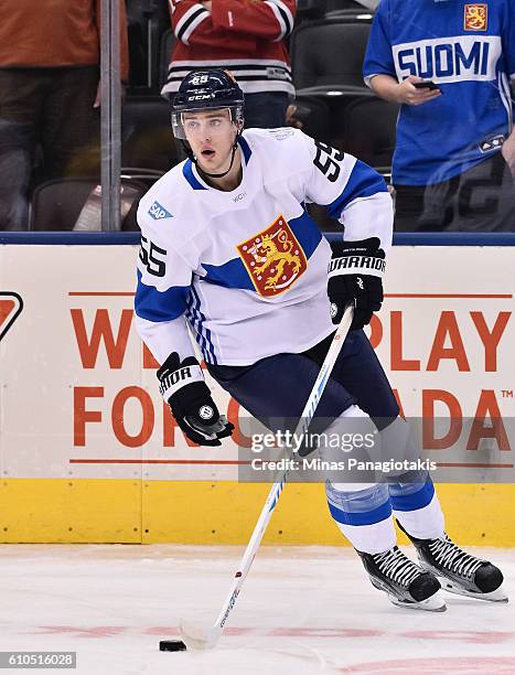 Rasmus Ristolainen of Team Finland warms up prior to a game against Team Sweden during the World Cup of Hockey 2016 at Air Canada Centre on September...