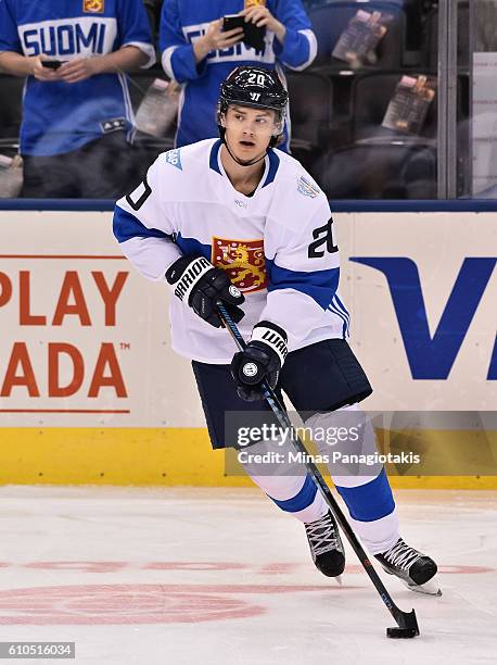 Sebastian Aho of Team Finland warms up prior to a game against Team Sweden during the World Cup of Hockey 2016 at Air Canada Centre on September 20,...