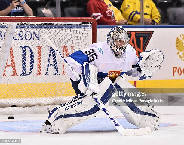Pekka Rinne of Team Finland warms up prior to a game against Team Sweden during the World Cup of Hockey 2016 at Air Canada Centre on September 20,...