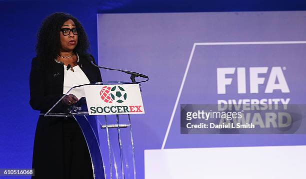 Fatma Samba Diouf Samoura, FIFA Secretary General talks during the first-ever FIFA Diversity Award presentation on day 1 of the Soccerex Global...