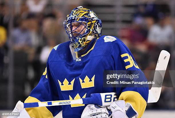 Henrik Lundqvist of Team Sweden looks on against Team Finland during the World Cup of Hockey 2016 at Air Canada Centre on September 20, 2016 in...
