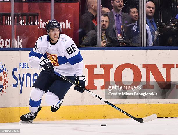 Teuvo Teravainen of Team Finland stickhandles the puck against Team Sweden during the World Cup of Hockey 2016 at Air Canada Centre on September 20,...