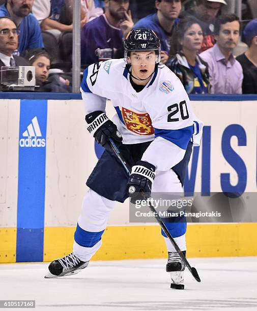 Sebastian Aho of Team Finland stickhandles the puck against Team Sweden during the World Cup of Hockey 2016 at Air Canada Centre on September 20,...