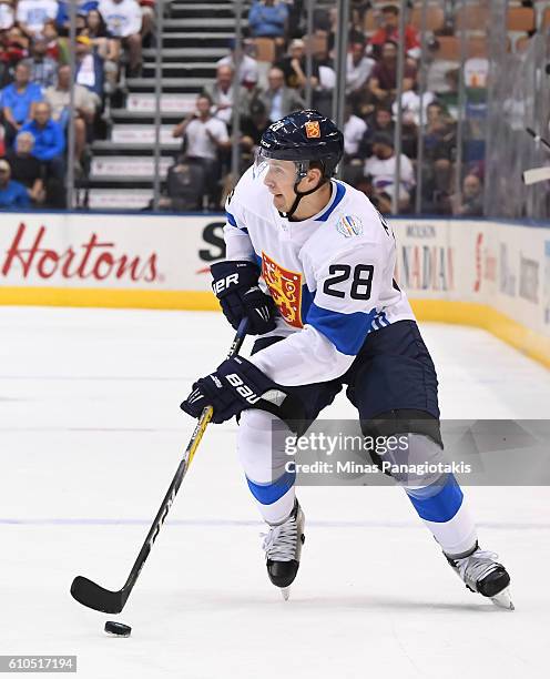 Lauri Korpikoski of Team Finland stickhandles the puck against Team Sweden during the World Cup of Hockey 2016 at Air Canada Centre on September 20,...