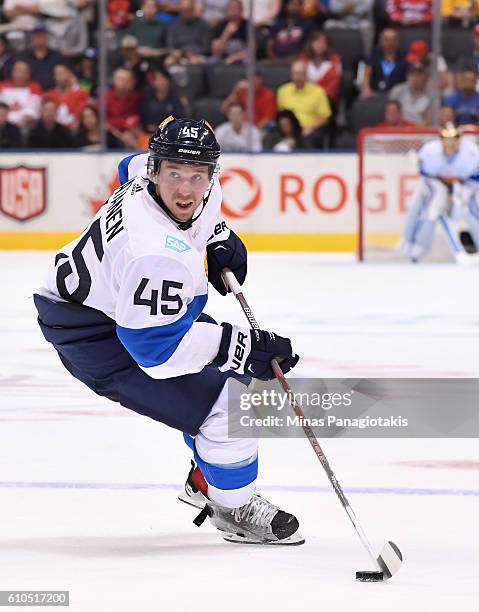 Sami Vatanen of Team Finland stickhandles the puck against Team Sweden during the World Cup of Hockey 2016 at Air Canada Centre on September 20, 2016...