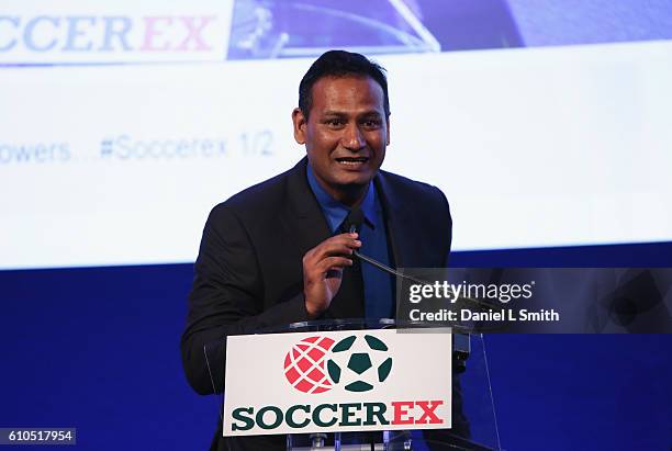 The first-ever FIFA Diversity Award is presented to Abhijeet Barse from Slum Soccer during day 1 of the Soccerex Global Convention 2016 at Manchester...