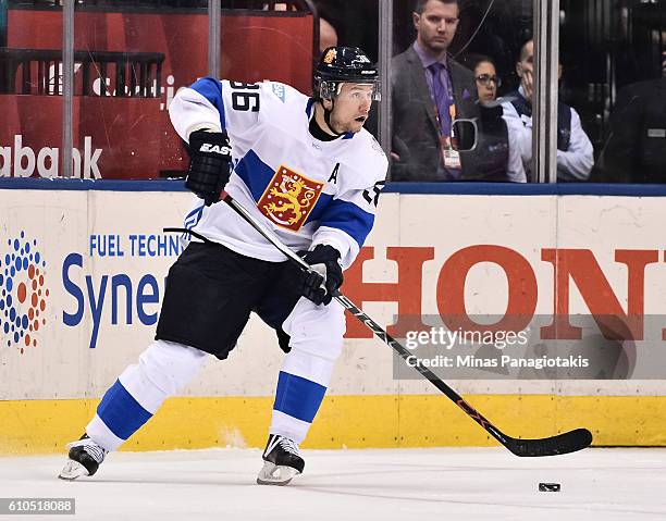 Jussi Jokinen of Team Finland stickhandles the puck against Team Sweden during the World Cup of Hockey 2016 at Air Canada Centre on September 20,...