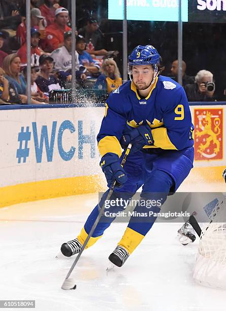 Filip Forsberg of Team Sweden stickhandles the puck against Team Finland during the World Cup of Hockey 2016 at Air Canada Centre on September 20,...