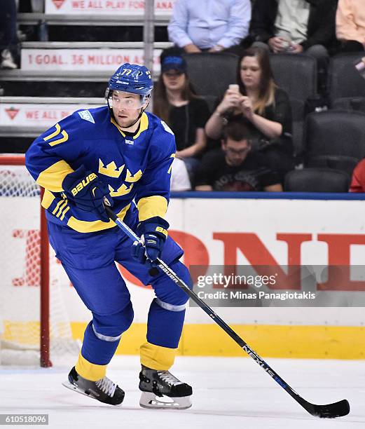 Victor Hedman of Team Sweden stickhandles the puck against Team Finland during the World Cup of Hockey 2016 at Air Canada Centre on September 20,...