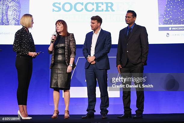 Amanda Davies , CNN International Sports presenter talks with the nominees Roisin Woods from Kick It Out, Ben Biggs of the International Gay &...