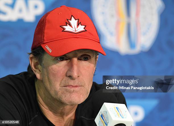 Head Coach of Team Canada Mike Babcock speaks to the media during the World Cup of Hockey 2016 practice sessions at Air Canada Centre on September...