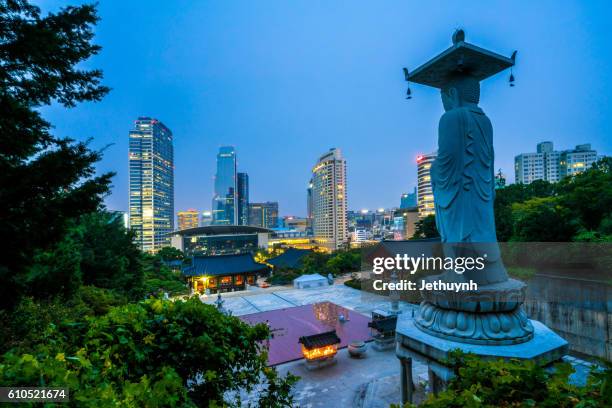 bongeunsa temple and seoul skyline - seoul skyline stock pictures, royalty-free photos & images