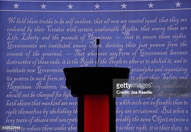 Candidate's podium is seen on the stage, where Democratic presidential candidate Hillary Clinton and Republican presidential candidate Donald Trump...