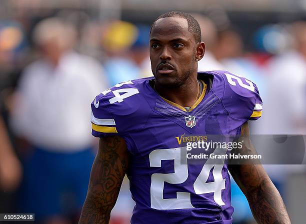 Captain Munnerlyn of the Minnesota Vikings against the Carolina Panthers during the game at Bank of America Stadium on September 25, 2016 in...