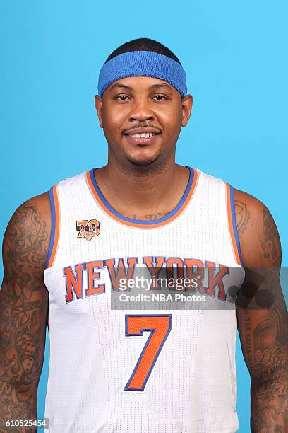 Carmelo Anthony of the New York Knicks poses for a head shot during media day at the Ritz Carlton in White Plains, New York on September 26, 2016....