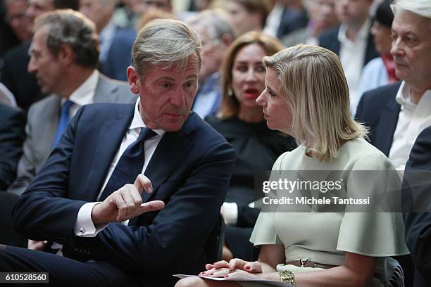 Matthias Doepfner and Ulrike Doepfner sit together during the Frank Schirrmacher award ceremony on September 26, 2016 in Berlin, Germany.