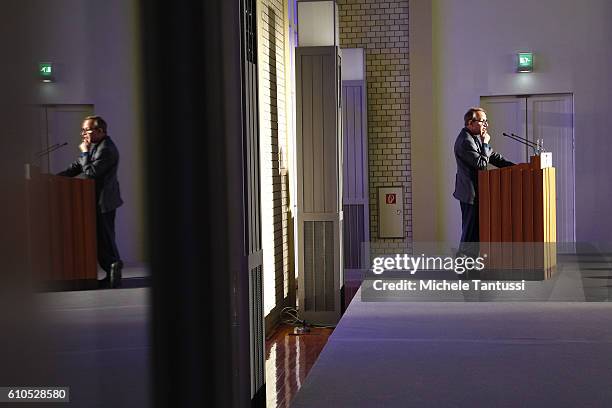 Author Michel Houellebecq speaks during the Frank Schirrmacher award ceremony on September 26, 2016 in Berlin, Germany.