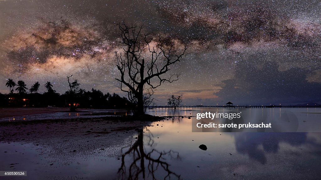 Milky way Night sky . Long exposure photograph with grain