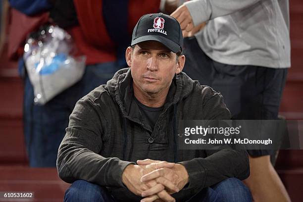 Closeup of former NFL wide receiver Ed McCaffrey, father of Stanford Christian McCaffrey, in stands during game vs USC at Stanford Stadium. Stanford,...