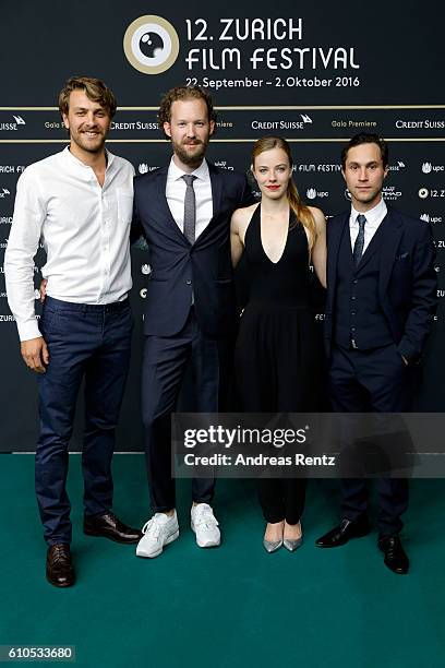 Frederik Goetz, Matthias Starte, Saskia Rosendahl and Ludwig Trepte attend the 'Nirgendwo' Photocall during the 12th Zurich Film Festival on...