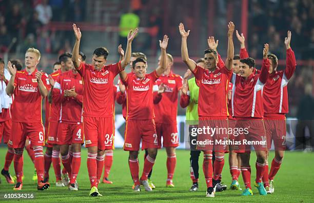 Players of 1 FC Union Berlin celebrate the 2:0 win during the Second Bundesliga match between 1. FC Union Berlin and FC St. Pauli on September 26,...