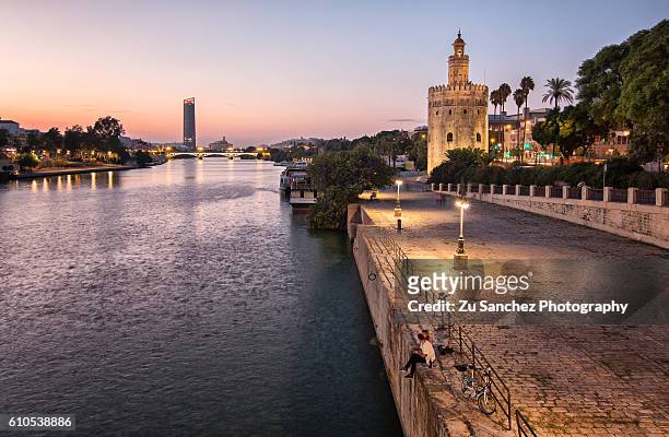 romantic sunset at seville - torre del oro stock pictures, royalty-free photos & images