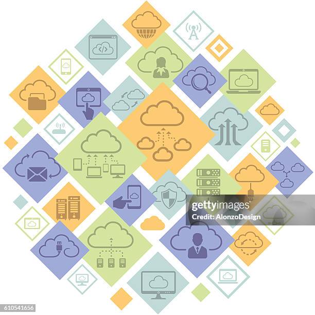 ilustrações de stock, clip art, desenhos animados e ícones de cloud computing montage - partilha de ficheiros