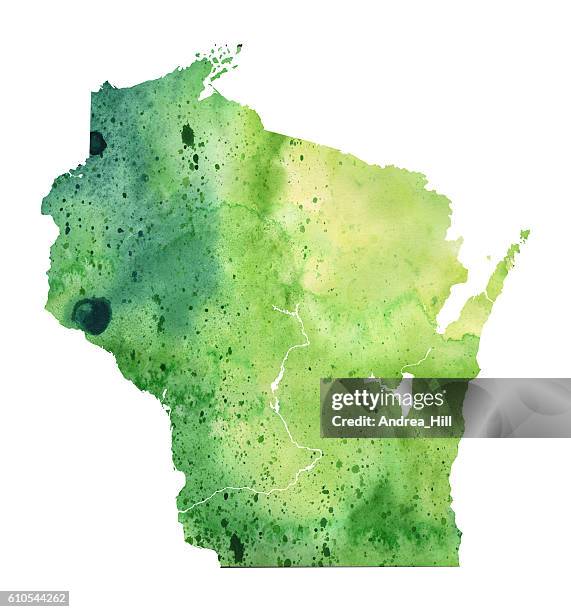 ilustraciones, imágenes clip art, dibujos animados e iconos de stock de mapa de wisconsin con textura de acuarela - raster illustration - grandes lagos