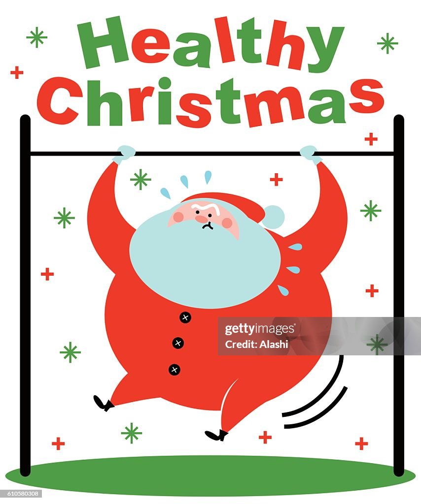 Santa Claus doing pull-up on horizontal bar