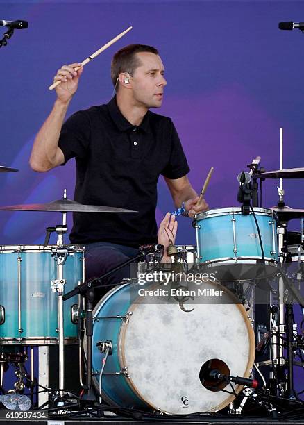 Drummer Joe Plummer of Cold War Kids performs during the 2016 Daytime Village at the iHeartRadio Music Festival at the Las Vegas Village on September...