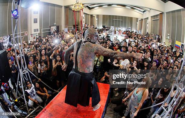 Victor Peralta, who won three Guinness record for the suspension in the 4th tattoo convention &quot;Mitad del Mundo&quot; in Quito, Ecuador, on...