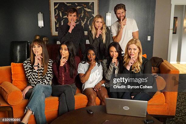 Olympic gold medal gymnast Simone Biles visits the set of 'Pretty Little Liars.'" BACK ROW: TYLER BLACKBURN, ASHLEY BENSON, KEEGAN ALLEN; FRONT ROW:...