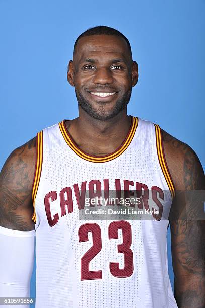 LeBron James of the Cleveland Cavaliers poses for a headshot during the Cavaliers 2016-2017 Media Day at The Cleveland Clinic Courts on September 26,...