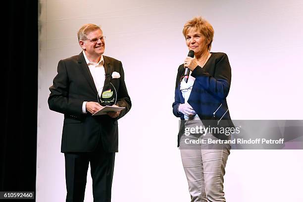 Of Beautysane Sylvain Bonnet and awarded Veronique Jannot for her Association "Graine d'Avenir" attend the 'Trophees du Bien Etre' by Beautysane :...