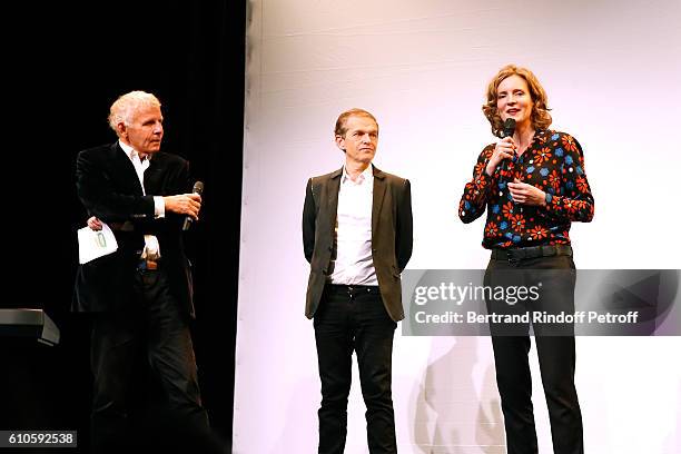 Master of Ceremony Patrick Poivre d'Arvor, Doctor Frederic Saldmann and politician Nathalie Kosciusko-Morizet attend the 'Trophees du Bien Etre' by...