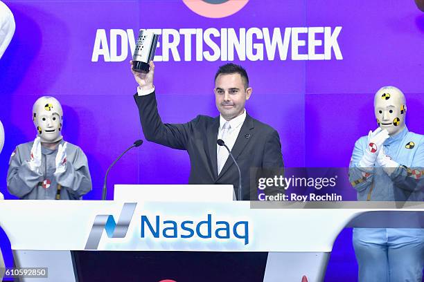 Lance Pillersdorf, President and COO of Advertising Week rings the closing bell at Nasdaq MarketSite during 2016 Advertising Week New York on...
